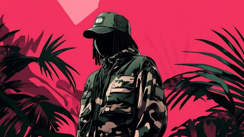 Camouflage figure in tropical foliage on flat pink background.
