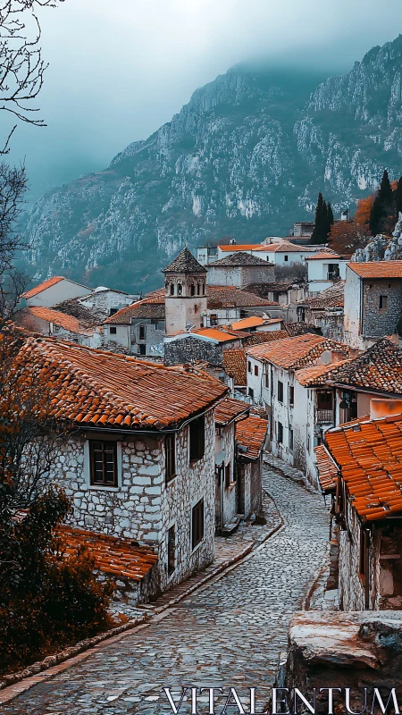 Mountain village street with stone houses and foggy peaks.