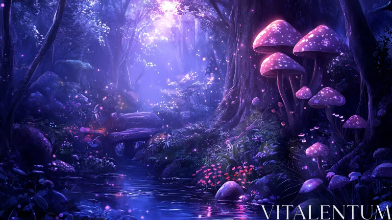 Mystical Forest Sanctuary: Luminescent Mushrooms and Enchanted Stream