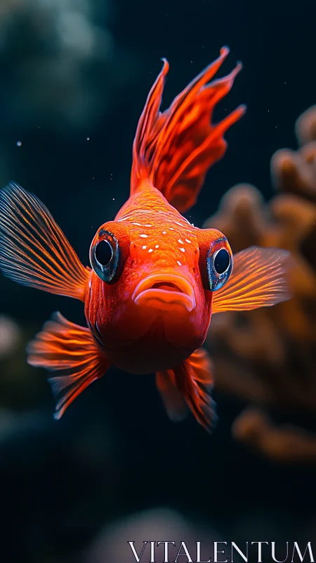 Bright orange reef fish glides forward with curious focus