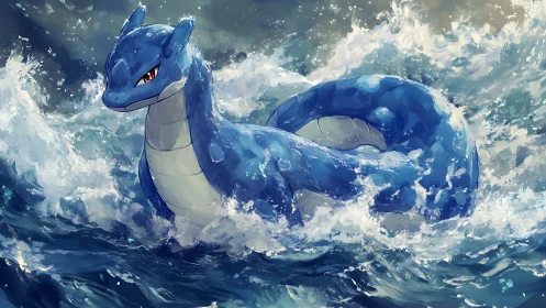 Majestic blue sea dragon rides stormy waves with calm power