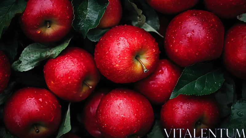 Fresh red apples rest among dark leaves under soft light