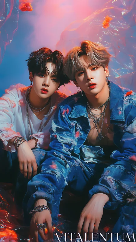 Dual portrait in neon gradient lighting with ripped denim styling.