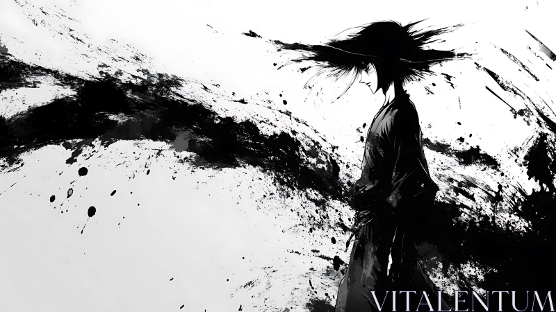 Ink-swept wanderer pausing inside a storm of brushstrokes.