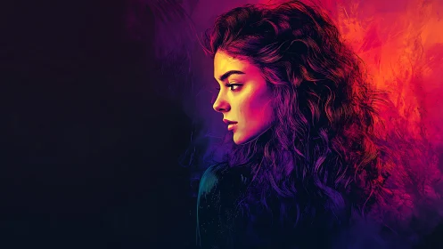 Neon-lit profile of a dreaming woman in molten twilight hues.