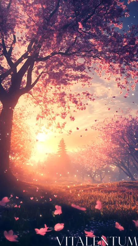 Backlit cherry blossom grove with volumetric petals in motion