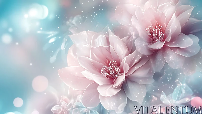 Luminescent Pink Peonies Against Ethereal Blue Gradient.