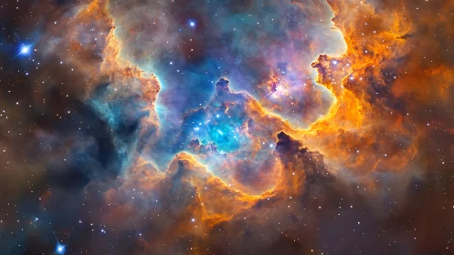 Nebula core glowing in cyan hues within fiery gas clouds.