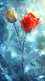 Frozen Floral Contrast: Ice-Encased Roses in Ethereal Light Field.