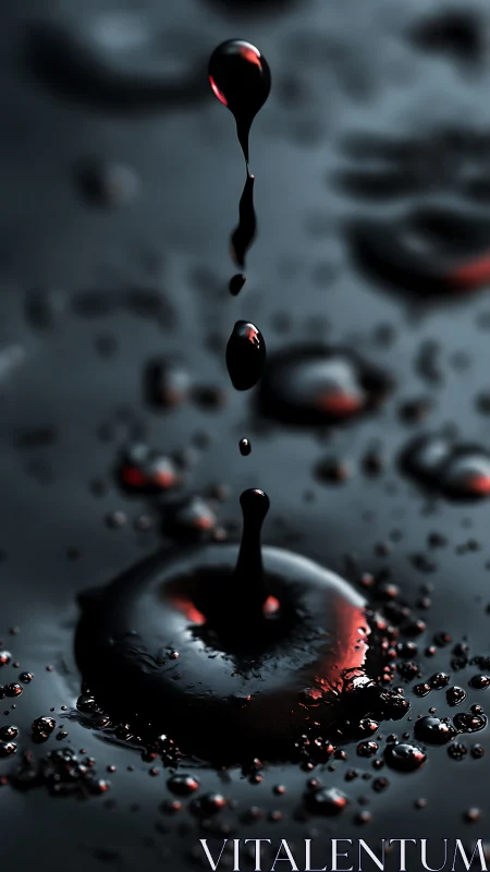 Dark liquid droplet splashes with dramatic red reflections.
