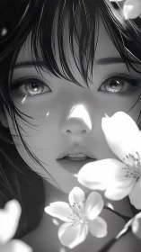 Monochrome anime portrait isolates luminous eyes amid blossoms