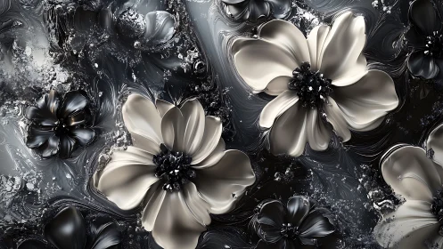 Monochromatic floral composition with liquid surface effects.