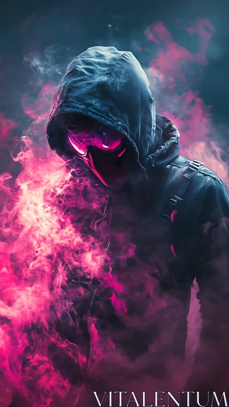 Hooded cyber figure emerges through neon magenta smoke