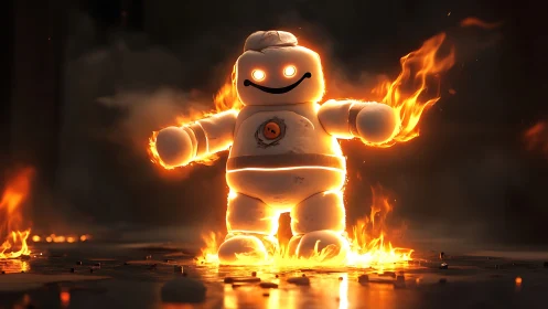 Burning marshmallow mascot figure in dark urban setting.