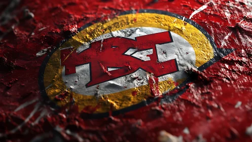 Textured red sports emblem on distressed painted surface.