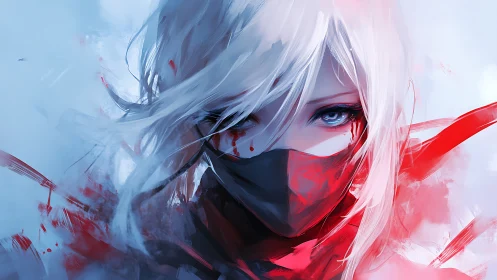 Masked white-haired warrior with blood-red accents gazes forward.
