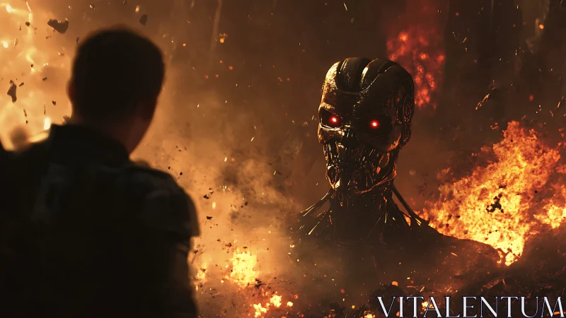 Thermal inferno confrontation with red-eyed combat android.