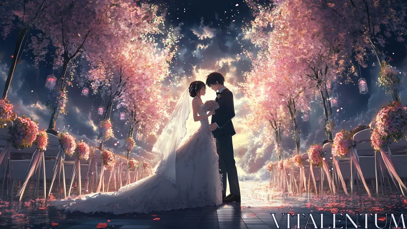 Anime wedding couple under glowing cherry blossoms at dusk.