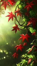 Scarlet maple whispers drifting through emerald woodland light.