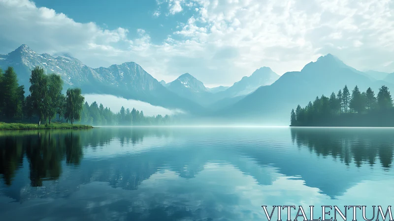 Calm alpine lake with misty conifer forests and snow ridges