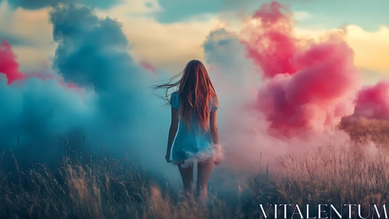 Girl amid pastel smoke clouds in sunset meadowscape.