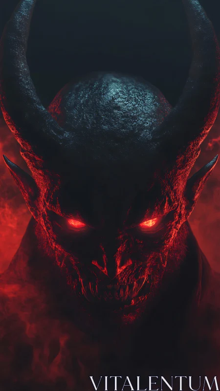 Volumetric-lit horned demon head with emissive red eyes and teeth