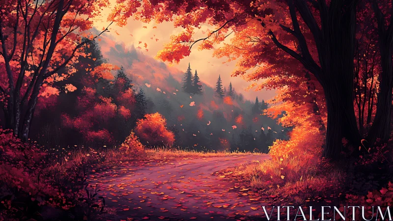 Digital forest landscape depicting autumn foliage with atmospheric lighting.