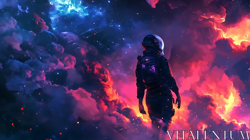 Lone astronaut walks through neon cosmic clouds of fire.