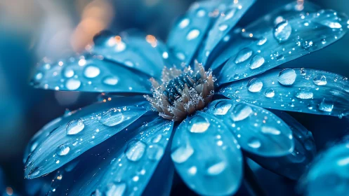 Azure Petals with Dewdrops: Macro Photography of Water-Kissed Bloom.