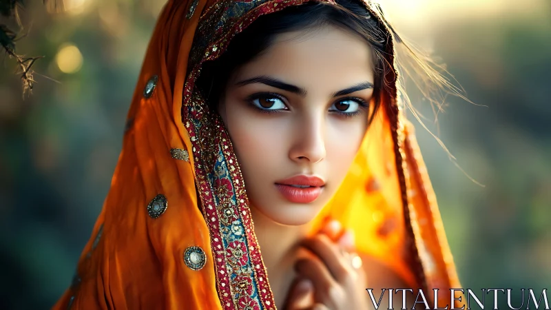 Portrait of woman in ornate orange veil outdoors at dusk.