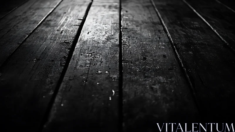 Moody low key photograph of worn wet wooden floorboards.