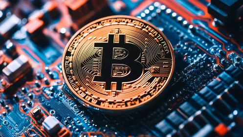 Bitcoin token rests on electronic circuit board with macro depth
