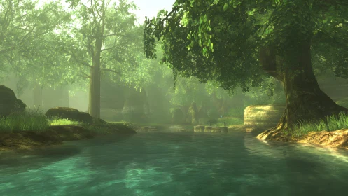 Serene forest river with lush trees in dreamy digital art style.