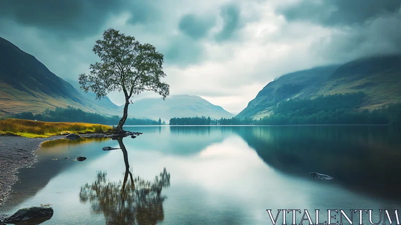 Photorealistic lakeside tree with mirrored alpine reflection.