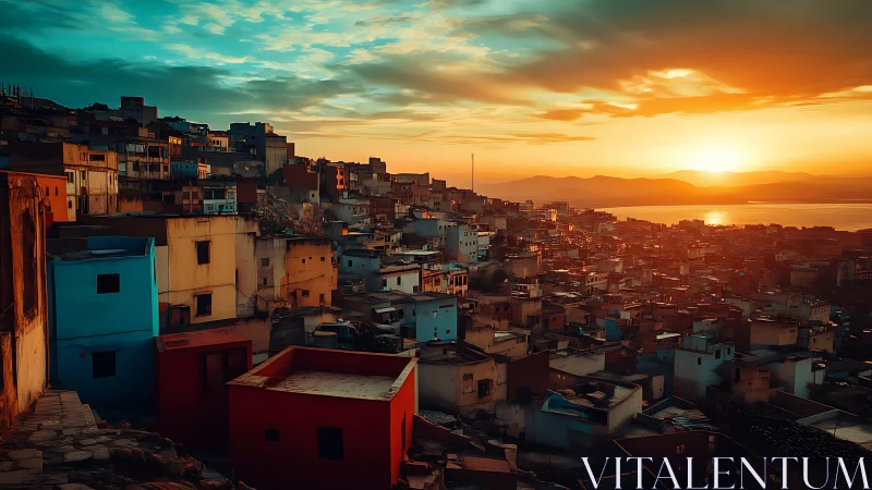 Dense hillside settlement overlooks coastal sunset horizon