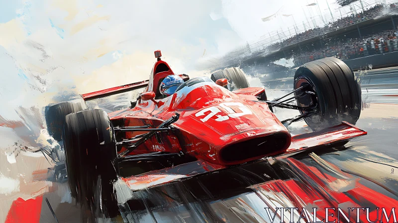 Red formula race car charging forward with dynamic motion blur.