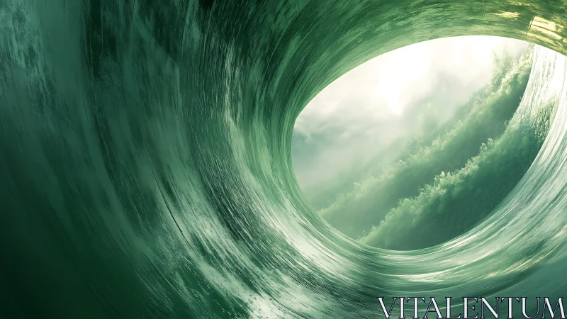 Curved translucent wave tunnel frames bright distant horizon