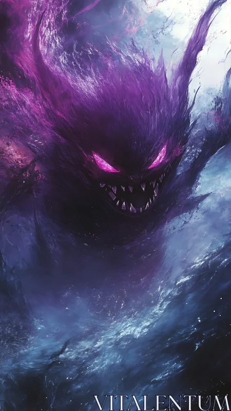 Shadowy purple spectral entity with luminous eyes depiction.