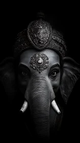 Monochrome frontal view of ornate elephant headed figure.