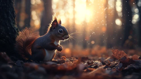 Backlit red squirrel in shallow-depth forest bokeh environment