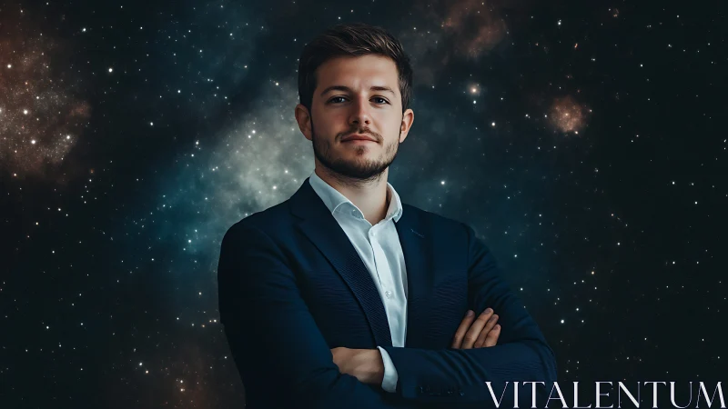 Confident businessman stands against deep cosmic starfield backdrop