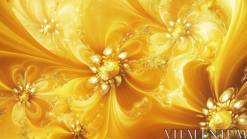 Golden fractal blooms swirling in radiant liquid light dreamscape.
