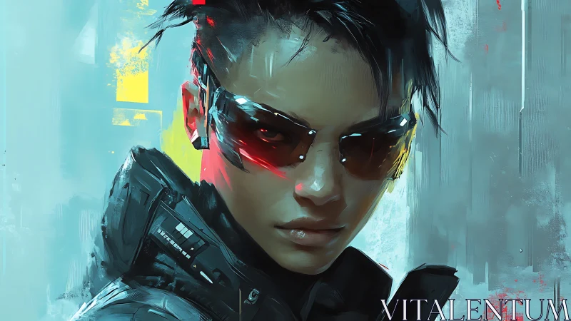 Cybernetic operative portrait with red visor reflections.