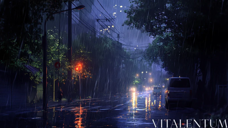 Nocturnal urban street in heavy rain, cinematic digital painting.