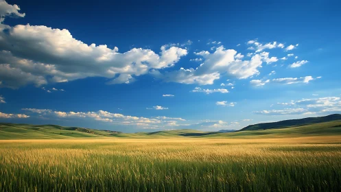 Golden wheat field under cumuliform clouds and deep blue sky