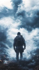 Solitary tactical soldier advances through dense war-torn fog