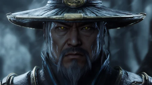 Stoic warrior mage stares forward beneath weathered hat