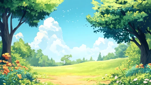 Luminous summer meadow framed by arboreal canopy geometry.