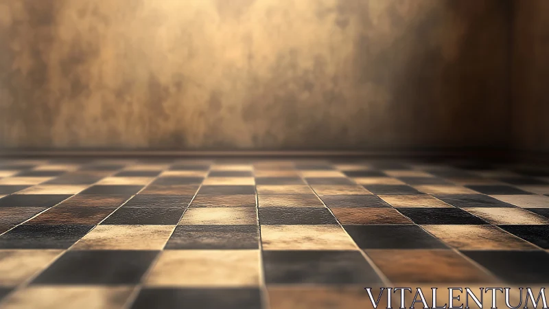 Weathered checkered floor in warm, cinematic lighting.