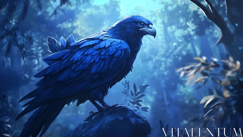 Majestic Blue Bird Perched in Mystical Forest, Digital Art Style.